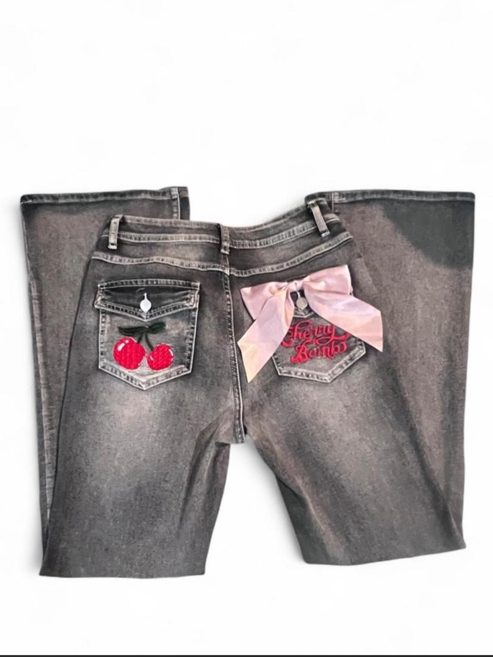 ROMWE Cherry Bomb Jeans Black Y2K Pink Bow Cherry Embellished Flare